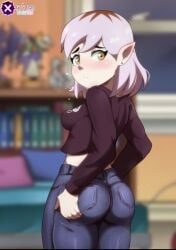 1girls amity_blight angel_glitch ass ass_focus blush breasts_out cleavage clothed clothing disney_channel female female_only jeans looking_back pale-skinned_female purple_hair solo_focus sweat the_owl_house