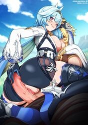 1boy 1girls aether_(genshin_impact) blue_hair bodysuit eula_(genshin_impact) genshin_impact huge_ass huge_cock imminent_sex neocoill sex straight thighhighs