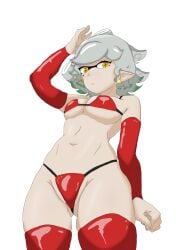 bikini green_hair grey_hair latex_bikini marie_(splatoon) tentacle_hair white_skin yellow_eyes