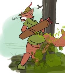 anthro arrow_(weapon) ball_bulge big_ass big_butt boy_ass butt crouching dead_tree disney eyes_closed fart fart_cloud fart_fetish farting fox furry gas gassy leaning leaning_on_object male male_only odka relief relieved robin_hood_(character) solo tunic