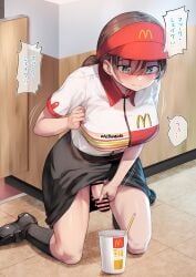 1futa absurdres ayanakitori bar_censor big_breasts black_footwear black_skirt blue_eyes blush bottomless breasts brown_hair censored closed_mouth clothed clothing cup disposable_cup drinking_straw dvddvd_(meme) employee_uniform erection futa_only futanari futanari_masturbation highres human kneehighs kneeling large_breasts leaning_forward light-skinned_futanari light_skin loafers long_hair low_twintails masturbation mcdonald's meme miniskirt mostly_clothed on_floor original penis shoes short_sleeves skirt socks solo speech_bubble tears thighs twintails visor_cap wing_collar