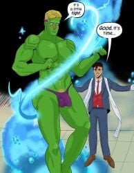 2022 2boys billy_kaplan embarrassed gay_male hulkling male_only marvel marvel_comics princemacs purple_thong speech_bubble teddy_altman thong thong_only underwear useless_clothing wiccan