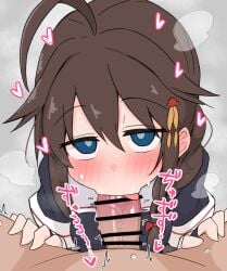 1boy ahoge ame_(amechan17391739) black_gloves black_serafuku blue_eyes braid brown_hair censored fellatio female fingerless_gloves gloves grey_background hair_between_eyes hair_flaps hair_ornament hair_over_shoulder kantai_collection licking licking_penis male male/female mosaic_censoring neckerchief oral penis pov pov_crotch pov_eye_contact red_neckerchief school_uniform serafuku shigure_(kantai_collection) simple_background single_braid solo_focus spread_legs steam steaming_body straight tongue tongue_out