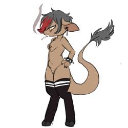 1:1 2023 anthro big_tail biped black_clothing black_legwear black_thigh_highs bovid bovine bracelet breasts brown_body brown_fur cattle chest_tuft cigarette claws clothed clothing cross cross_ear_ring cross_piercing digital_media_(artwork) ear_piercing female fur genitals grey_hair hair hi_res highlights_(coloring) hooves horn humanoid_genitalia humanoid_pussy jewelry legwear mammal manitka manitka_(character) navel nipple_piercing nipples open_mouth orange_eyes partially_clothed piercing pussy red_highlights simple_background small_breasts smoke smoking smoking_cigarette solo spiked_bracelet spikes standing tail thigh_highs tuft white_background