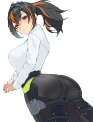 anime_nose apple_green_clothing ass black_hair black_jeans black_pants breasts classy closed_mouth clothed_female dark_hair dat_ass dot_mouth dutch_angle female from_behind gluteal_fold glutes hair hatoya_88 highres large_breasts long_sleeves looking_at_viewer looking_back low-angle_view multicolored_hair orange_hair orange_strand_of_hair pants ponytail red_eyes red_hair see-through_silhouette shirt simple_background solo straps streaked_hair thigh_holster tight_clothes tight_pants topwear two_tone_hair white_background white_shirt zenless_zone_zero zhu_yuan