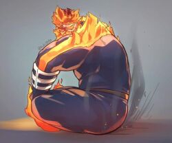 beard burning burning_alive butt_crush costume dad_bod endeavor_(my_hero_academia) enji_todoroki facial_hair fire kuki1210 male male_only my_hero_academia sitting sitting_on_another sitting_on_person size_difference solo solo_male trapped_in_butt trapped_in_clothing