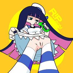 1girls blue_eyes blue_hair blue_nails bow breasts dildo dress dress_lift female hairbow hat long_hair nail_polish panty_&_stocking_with_garterbelt pink_hair pussy r!p sailor_dress sailor_hat saliva_trail smile solo standing stocking_anarchy striped striped_legwear thighhighs tongue uncensored very_long_hair