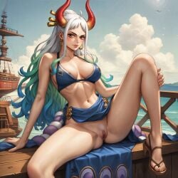 1girls ai_generated bikini_top blush blush_lines female female_only hair_ornament hoop_earrings horns long_hair looking_at_viewer multicolored_hair navel no_panties ocean_background one_piece open_toe_shoes orange_eyes_female pubic_hair pussy sitting skorpa52 solo_female yamato_(one_piece)