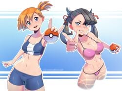 2girls :d abs asymmetrical_bangs asymmetrical_hair bikini black_hair blue_bikini blue_eyes blush bra breasts cleavage collarbone creatures_(company) female female_focus game_freak green_eyes grin gym_leader hair_ornament hair_ribbon holding holding_poke_ball huge_breasts kagato007 kasumi_(pokemon) large_breasts long_hair looking_at_viewer marnie_(pokemon) medium_breasts medium_hair midriff multiple_girls navel nintendo open_mouth orange_hair pink_bikini poke_ball poke_ball_(basic) pokemon pokemon_(anime) pokemon_rgby pokemon_swsh ponytail red_ribbon ribbon short_hair short_shorts short_twintails shorts side_ponytail smile standing stomach swimsuit teeth thick_thighs thighs twintails underwear