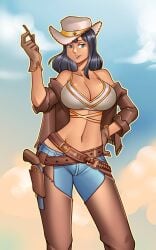 1girls belt black_hair blue_eyes breasts brown_jacket chaps clothing clouds cowboy_hat cowboy_outfit crop_top female female_only firearm gloves gun gun_holster hand_on_hip handgun hat holster human jacket jacket_partially_removed jeans large_breasts long_hair midriff milf nauth nauth_le_roy navel nico_robin one_piece outside pale_skin revolver sky toothpick weapon white_crop_top