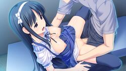 black_eyes black_hair black_legwear breasts censored cum cum_on_breasts female fukami_nagisa game_cg highres koutaro large_breasts long_hair mosaic_censoring open_mouth penis sex thighhighs tropical_vacation twinkle_soft vaginal_penetration