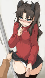 1boy aqua_eyes black_hair black_legwear blush breasts disembodied_penis eyewear fate/stay_night fate_(series) female finger_to_mouth full-face_blush glasses hair_ribbon handjob highres hips male momio panties penis pov ribbon shushing side-tie_panties skirt small_penis straight thick_thighs thighhighs tohsaka_rin two_side_up underwear white_panties wide_hips