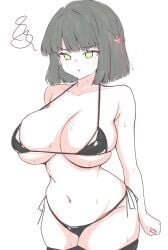 angry black_bikini black_hair blunt_bangs clenched_hand huge_breasts inverted_bob link!_like!_love_live! micro_bikini momose_ginko pout rokoroko_65 short_hair skindentation squiggle thighhighs