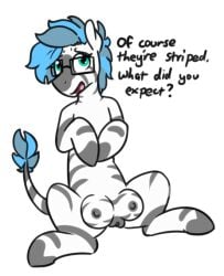 2017 asymmetrical_hair blue_hair crotch_breasts crotch_tits crotchboobs english_text female female_focus female_only glasses green_eyes light_blue_hair my_little_pony my_little_pony_friendship_is_magic naked naked_female nude nude_female pussy solo solo_female solo_focus square_glasses vagina whatsapokemon white_background zebra zeyna