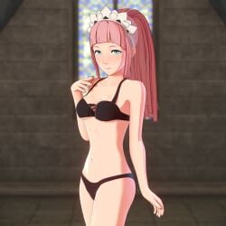 bikini blue_eyes color felicia_(fire_emblem) fire_emblem fire_emblem_fates overused23 pink_hair ponytail smile underboob underwear