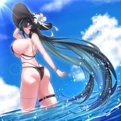 absurdres aqua_lips arm_behind_head ass bikini black_bikini black_hair blue_eyes blue_hair blue_sky bracelet breasts bright_pupils cloud colored_inner_hair counter:side crossed_bangs female flower hair_between_eyes hat hat_flower highres huge_breasts jewelry layered_bikini leg_tattoo long_hair looking_at_viewer mapyarong mole mole_under_mouth multicolored_hair nail_polish parted_lips plaga_(counter:side) scrunchie sideboob skindentation sky solo sun_hat sunlight swimsuit tattoo thigh_strap thighs very_long_hair wading water white_pupils wrist_scrunchie