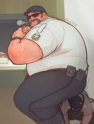 eating facial_hair human_chair kuki1210 male male_only overweight overweight_male police police_officer police_uniform sitting_on_person size_difference