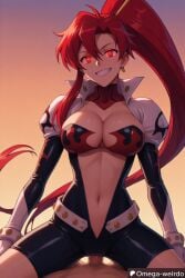 1girl1boy ai_generated big_breasts big_smile bodysuit corruption evil_eyes evil_face evil_smile female glowing_eyes long_hair looking_at_viewer mature_female navel omega-weirdo patreon ponytail pov red_eyes red_hair sex sexy_outfit straddling sunset tengen_toppa_gurren_lagann yoko_littner