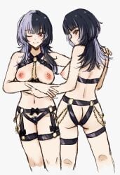 ass black_hair bondage bondage_gear breasts female gold_chain gray_hair holding_self hololive hololive_english hololive_english_-advent- jellyfish_cut looking_at_viewer looking_back multicolored_hair multiple_views nipples penguin_stamp pubic_hair ribbons shiori_novella smile smiling_at_viewer virtual_youtuber white_background wink