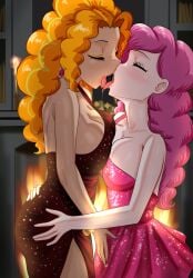 2girls adagio_dazzle adagio_dazzle_(eg) closed_eyes cogbrony commission dress earring earrings equestria_girls fireplace jewelry kissing lesbian_couple lesbian_kiss my_little_pony my_little_pony_friendship_is_magic pinkie_pie_(eg) pinkie_pie_(mlp) sloppy sloppy_kiss yuri