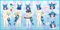 2018 4_fingers absurd_res anthro ass avian beak bird blue_hair blush bodily_fluids breasts clothing color_scheme embarrassed feathers female fingers fur genitals hair hi_res inner_ear_fluff maid_headdress maid_uniform model_sheet navel nipples nude nude_anthro oko-san perico pussy question_mark red_eyes simple_background solo speech_bubble tears tuft uniform white_body white_fur