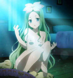 1girls alien_girl alien_humanoid areolae bed bed_sheet bedroom blue_eyes breasts celine_(to_love-ru) flower green_hair indoors long_hair moonlight nipples nude open_mouth screencap sitting_on_floor small_breasts solo_focus to_love-ru to_love-ru_darkness very_long_hair xebec