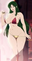 belly_button big_ass big_breasts bikini bra cima_garahau cleavage green_hair hourglass_figure long_hair long_legs looking_at_viewer milf mobile_suit_gundam panties provocative r3dfive red_lipstick removing_bra removing_panties slim_waist smiling teasing teasing_viewer thick_ass thick_thighs wide_hips