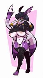 absurd_res anthro areola big_breasts black_hair blep breasts clothing eyewear female generation_5_pokemon glasses hair hand_on_hip hi_res huge_breasts legwear mienshao nintendo nipples panties pokemon pokemon_(species) solo thick_thighs thigh_highs tongue tongue_out underwear wolito