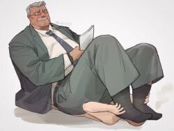 clothing dad_bod facial_hair feet_on_face fully_clothed gay glasses kuki1210 male male_only moustache sitting_on_person