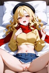 1boy 1boy1girl 1girls ai_generated amber_eyes beret blonde_hair blonde_hair_female cum cum_in_pussy cum_inside female flan_(flanofart) flanofart happy laying_down laying_on_bed on_back on_bed open_mouth orange_eyes scarf sex smiling tagme vagina vaginal_insertion vaginal_penetration vaginal_sex