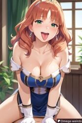 1girl1boy ai_generated bedroom bedroom_sex big_breasts celica_(fire_emblem) dress dress_down earrings female fire_emblem fire_emblem_echoes:_shadows_of_valentia gloves green_eyes headwear indoors indoors_sex long_hair looking_at_viewer omega-weirdo open_mouth patreon pov red_hair sex smile tongue_out