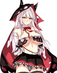 1girls alternate_breast_size azur_lane belly_button blue_pasties blush breasts cape clothed clothing erebus_(azur_lane) female female_only hood hood_up huge_breasts light-skinned_female light_skin looking_at_viewer mightyplem panties red_eyes royal_navy_(azur_lane) simple_background skirt solo white_background white_hair