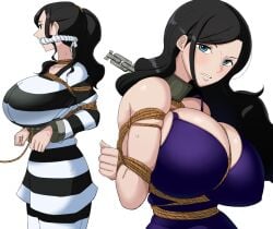 black_hair bondage breasts chains cloth_gag collar cuffs female female_only gag handcuffs improvised_gag large_breasts long_hair looking_at_viewer multiple_views nico_robin one_piece prison_clothes rebake rope simple_background solo