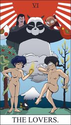 akane_tendo black_hair blood blood_from_nose blue_hair breasts crying crying_with_eyes_open english_text genma_saotome happosai nipples p-chan panda pig ranma-kun ranma_1/2 ranma_saotome ryoga_hibiki soun_tendo tagme tarot tarot_card text the_lovers_(tarot)