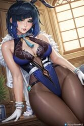 ai_generated big_hips blue_hair female genshin_impact secret_room12 shiny_skin short_hair sitting stable_diffusion thighs yelan_(genshin_impact)