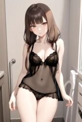 1female 1girls ai_generated artist_request blush brown_eyes brown_hair iino_miko kaguya-sama_wa_kokurasetai_~tensai-tachi_no_renai_zunousen~ light_body light_skin lingerie lingerie_bra lingerie_panties long_hair nipples pussy small_breasts stable_diffusion