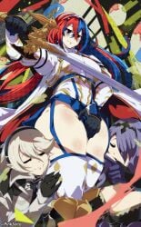 3girls alear_(female)_(fire_emblem) alear_(fire_emblem) blue_hair camilla_(fire_emblem) closed_eyes corrin_(fire_emblem) corrin_(fire_emblem)_(female) covering_crotch fire_emblem fire_emblem_engage fire_emblem_fates grey_hair hairband large_breasts multicolored_hair nintendo no_panties orphen_(pink_seito) pinkseito purple_hair red_hair thick_thighs thighs upskirt