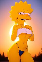 ai_generated bikini_bottom half_dressed lisa_simpson looking_at_viewer sunset the_simpsons underboob