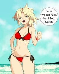 1girls beach blonde_hair dominant_female english_text fate/apocrypha fate/grand_order fate_(series) green_eyes imminent_sex maho_malice mordred_(fate) mordred_(swimsuit_rider) red_bikini solo_female tomboy