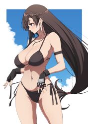 1girls bikini black_hair blush brown_eyes final_fantasy_vii fingerless_gloves huge_breasts kojirou! long_hair tifa_lockhart voluptuous