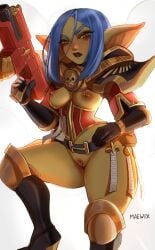 1girl adepta_sororitas areolae armor blue_hair blush blushing bolter boobies boobs female female_focus female_only goblin goblin_female goth goth_girl green_skin gun hips imperium_of_man long_ears long_hair looking_at_viewer maewix1 nipple_piercing nipples ork pierced_clitoris pierced_nipples piercings purity_seal pussy red_eyes rissma_(maewix1) sister_of_battle solo solo_female solo_focus tagme thick_thighs tits warhammer_(franchise) warhammer_40k white_background