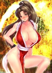 1girls big_breasts blush breasts brown_eyes brown_hair cleavage female female_only hair_ornament huge_breasts japanese japanese_clothes king_of_fighters light-skinned_female light_skin long_hair mai_shiranui nipple_bulge one_leg_up oyaman red_clothing solo thighs tied_hair voluptuous voluptuous_female