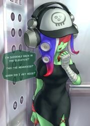 1girl acht_(splatoon) armband bandage bandaged_arm black_dress colored concerned dedf1sh dialogue dream dress elevator english_text exposed_shoulder eyes_covered female gradient_hair green-skinned_female green_skin hat headphones ikachangenema indoors mini_dress mizuta_ahato_(splatoon) nintendo octoling octoling_girl open_mouth purple_hair red_fingers red_visor sanitized_(splatoon) sanitized_octoling slit_dress sole_female solo speech_bubble splatoon splatoon_(series) splatoon_3 splatoon_3:_side_order sweat tentacle_hair visor