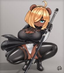 accessory ahoge big_breasts blonde_hair blue_eyes boots breasts brown_body brown_fur camel_toe clothing cosplay crouching dark_body dark_skin dress expressionless female footwear fur genitals glistening glistening_clothing gloves hair hair_accessory hair_over_eye handwear hi_res holding_object holding_weapon humanoid latex leather legwear leotard melee_weapon nier:_automata nightlycatgirl platinumgames pose pussy reina_(nightlycatgirl) shoes simple_background solo spread_legs spreading sword thigh_boots thigh_highs weapon yorha_2b_(cosplay)