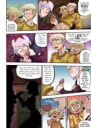 1boy 2girls amity_blight awkward blonde_hair clothed comic comic_page dialogue disney disney_channel english_text handjob hunter_(the_owl_house) light-skinned_female light-skinned_male light_purple_hair magenta_eyes orientation_play page_23 penis_out ruddyrzaq speech_bubble tagme text the_amiter_secret the_owl_house vee_(the_owl_house) vee_(the_owl_house)_(human) yellow_eyes