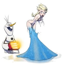 1boy 1girls areolae breasts color disappearing_clothes disney elsa_(frozen) embarrassed embarrassed_nude_female erect_nipples female frozen_(film) funny gao23 humiliation looking_at_pussy lost_clothes male melting nipples nude olaf_(frozen) small_breasts suddenly_naked uncensored