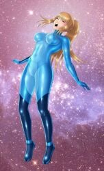 blonde_hair female female_only fully_clothed gloves metroid open_mouth ponytail reptileye samus_aran shiny_clothes tight_clothing zero_suit zero_suit_samus