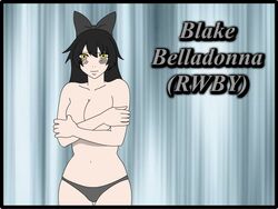 1girls big_breasts black_hair blake_belladonna breasts cat_ears erect_nipples female hair_tie looking_at_viewer mrjokerpt no_bra rwby shy solo yellow_eyes