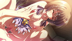 areolae blush breast_grab breasts brown_hair closed_eyes cum facial female game_cg hishida_ayame indoors large_breasts long_hair male minori natsuzora_no_perseus nipples penis pussy sex straight sweat uncensored vaginal_penetration yuzuna_hiyo