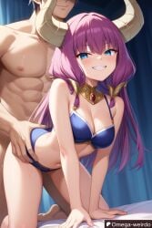 1girl1boy ai_generated aura_(sousou_no_frieren) bed bedroom bedroom_sex big_smile blue_eyes demon demon_girl demon_horns doggy_style doggy_style_position female frieren_beyond_journey's_end happy long_hair looking_at_viewer muscular_male omega-weirdo patreon petite_female purple_hair sex smile sousou_no_frieren taken_from_behind underwear